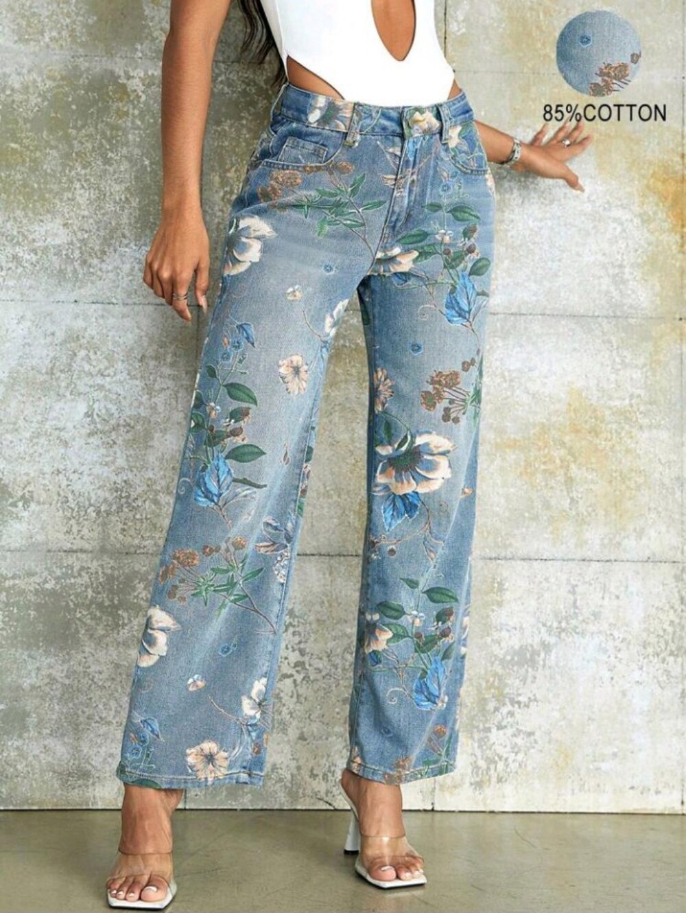 90s Retro Print High Waist Side Pocket Wide Leg Jeans, Casual Street Style